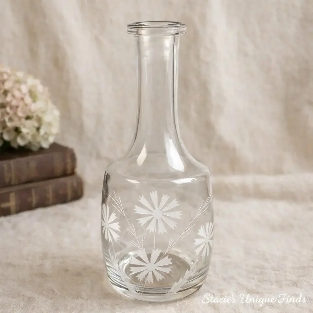 Vintage Pressed Glass Decanter w/ Etched Flowers Shabby Chic Bareware